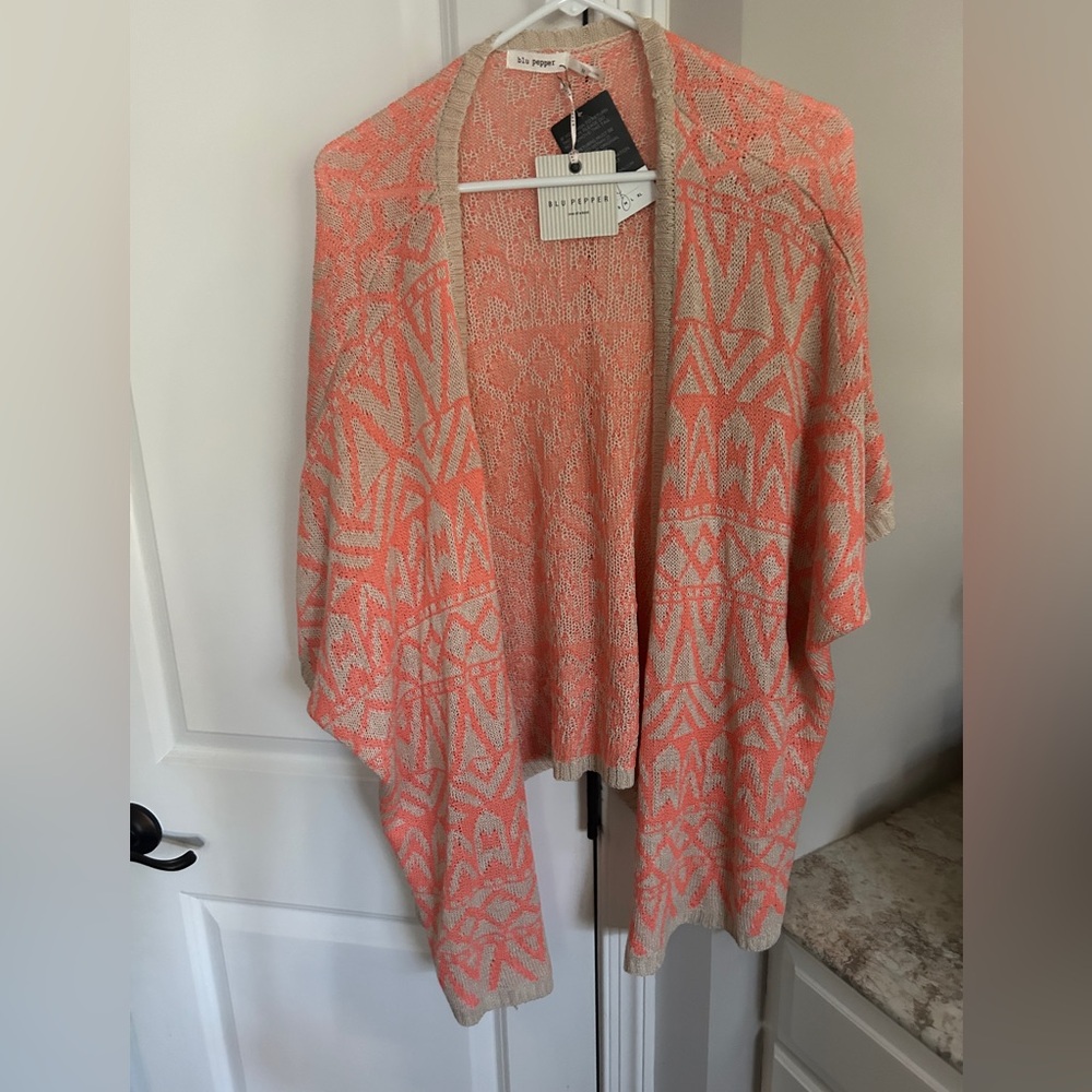 Blu Pepper Zig Zag Design Short Dolman Sleeves Open Front Sweater Cardigan Med